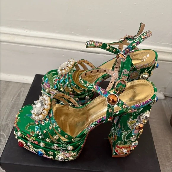 Floral Embellished Green Heels - Picture 5 of 11